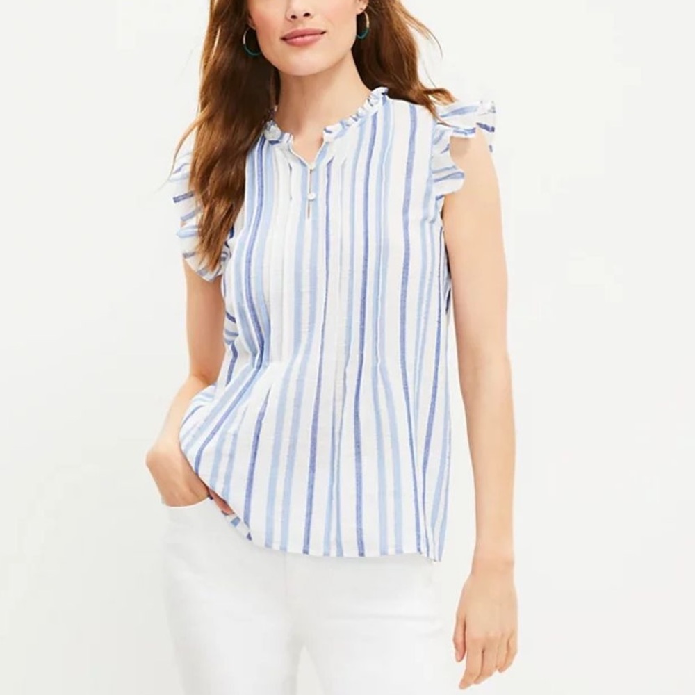 🆕 LOFT Striped Pintucked Flutter Sleeve Top | blue & white | Sz L